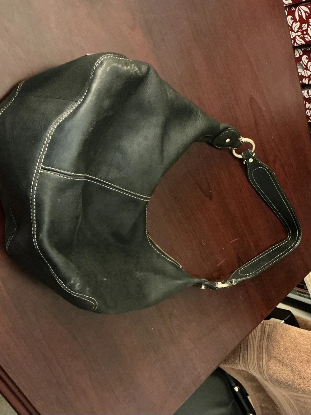 Liz Claiborne Black Leather Hobo with Cream Stitching and Gold Hardware